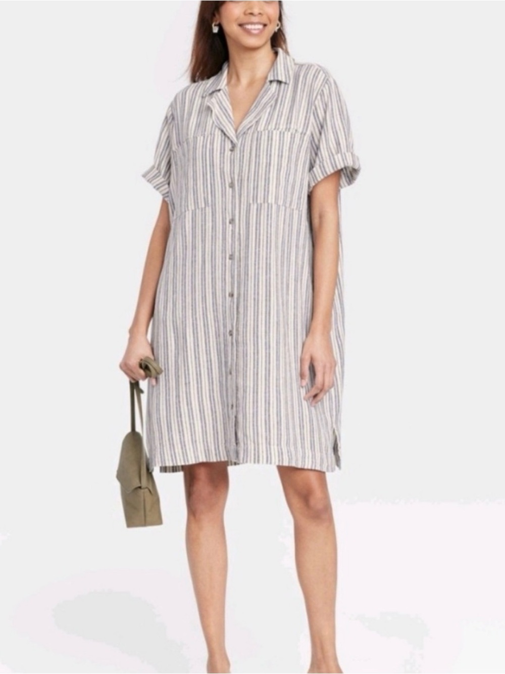 Striped Button-Front Shirt Dress in Cream and Blue